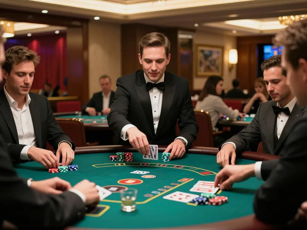 Pemain yang merancang strategi selama permainan blackjack AJAIBTOTO di meja kasino mewah