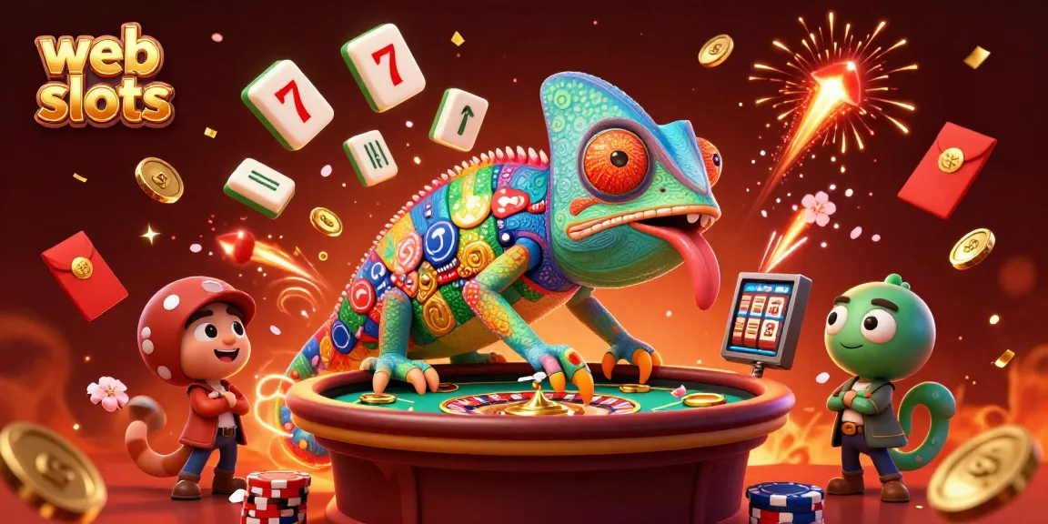 Experience thrilling web slots with an energetic chameleon casino owner collecting coins and winning combinations.