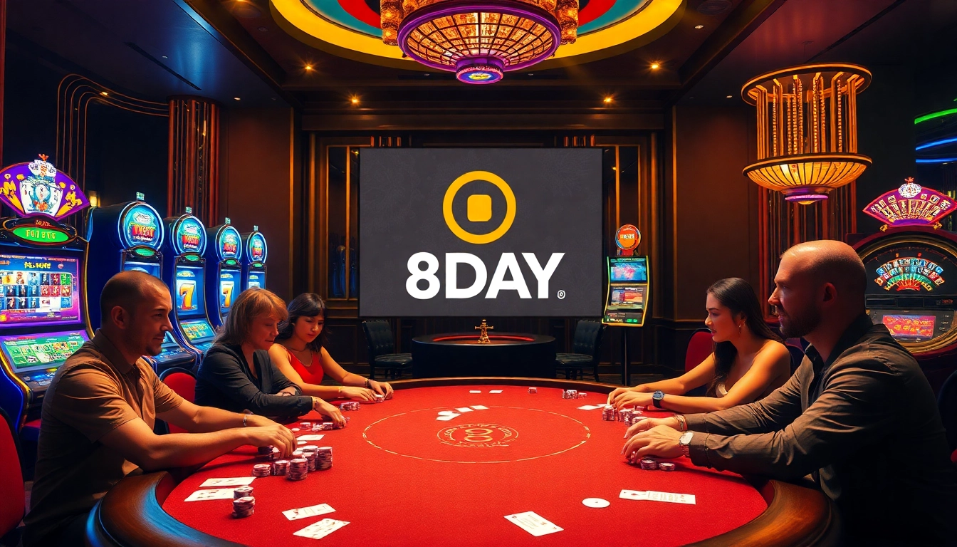 8DAY players enjoying an exciting poker game in a luxurious casino setting.