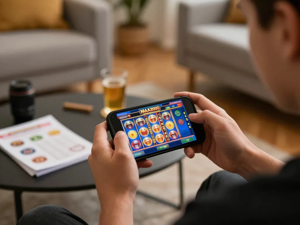 NAGA2000 player enjoying mobile slots in a cozy living room, demonstrating excitement in gaming