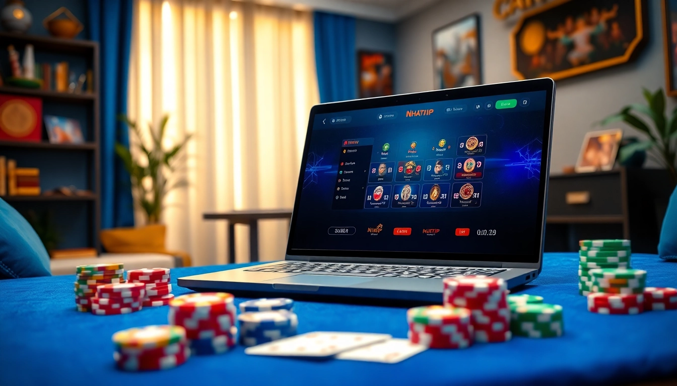 Cổng game Nhatvip interface displayed on a sleek laptop with casino chips and cards.