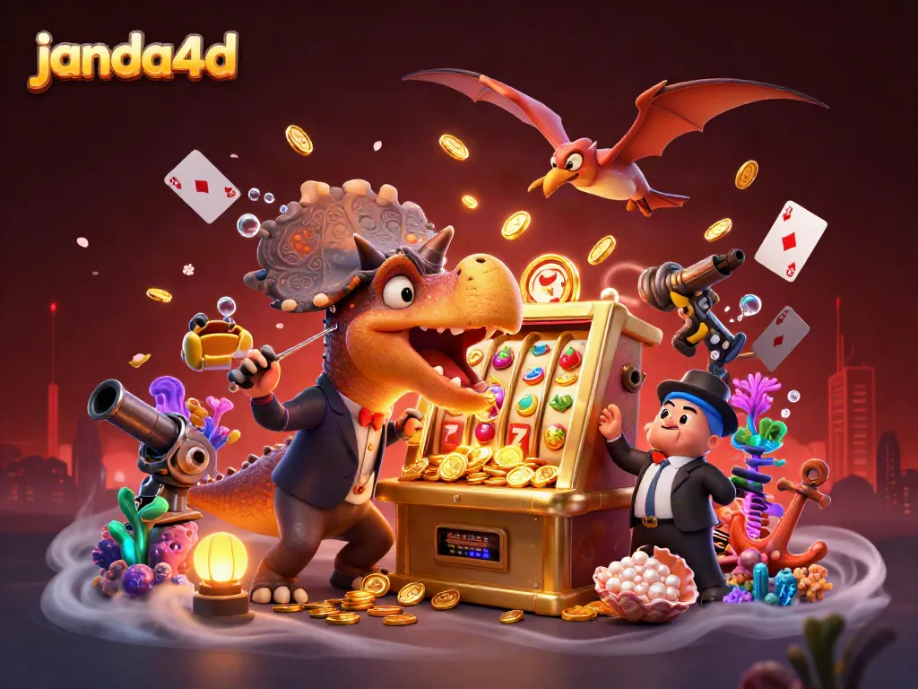 Janda4d menghadirkan slot jackpot dengan karakter dino unik dalam ilustrasi casino
