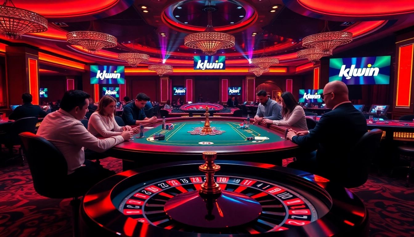 Kkwin players enjoying a lively casino atmosphere with poker tables, chips, and roulette wheels.