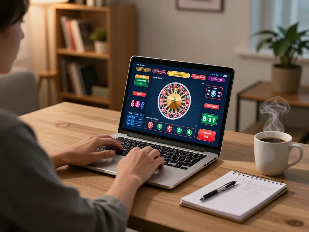 F168 player engaging in online gambling at home, focusing on roulette game strategy and setup.