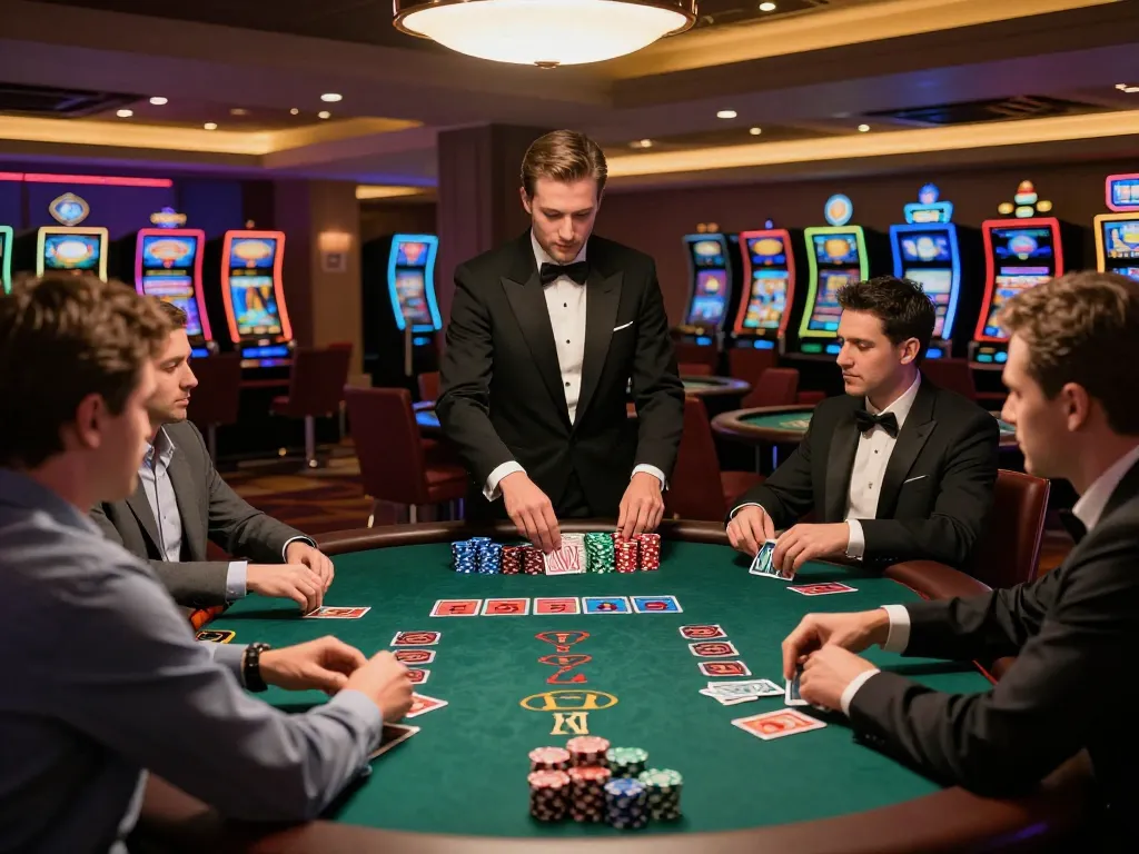 lecreusot-hotel players place bets at an exciting blackjack table in a vibrant casino setting