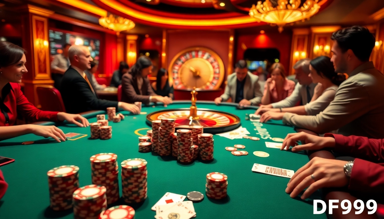 Engaged players at a thrilling DF999 poker table, showcasing excitement and professionalism in a luxurious casino atmosphere.