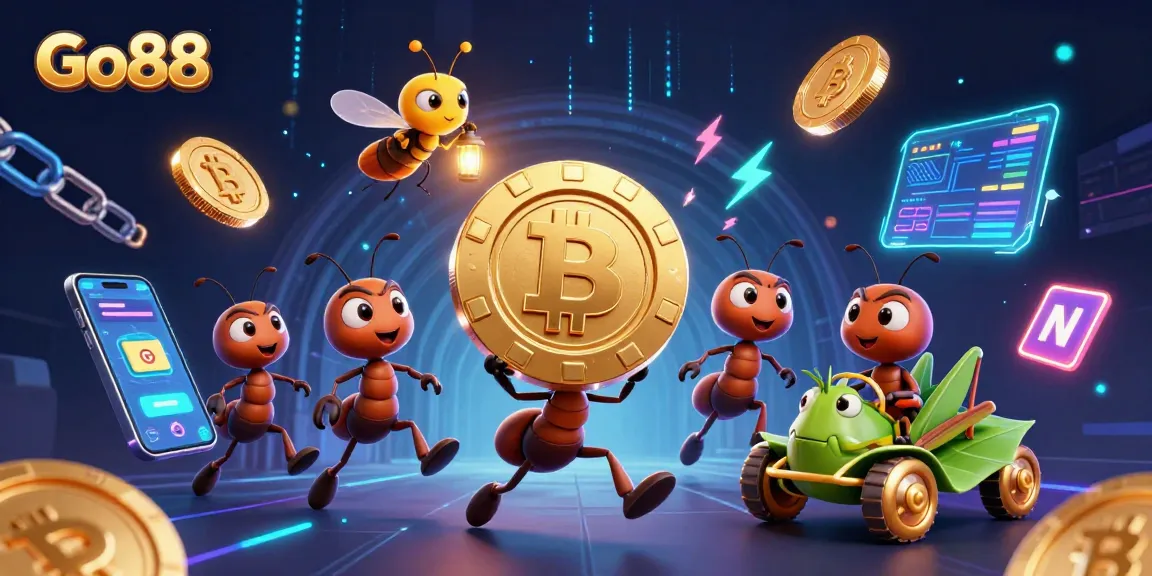 Go88 offers exhilarating gaming experiences as animated ants carry a giant poker chip amidst crypto elements.