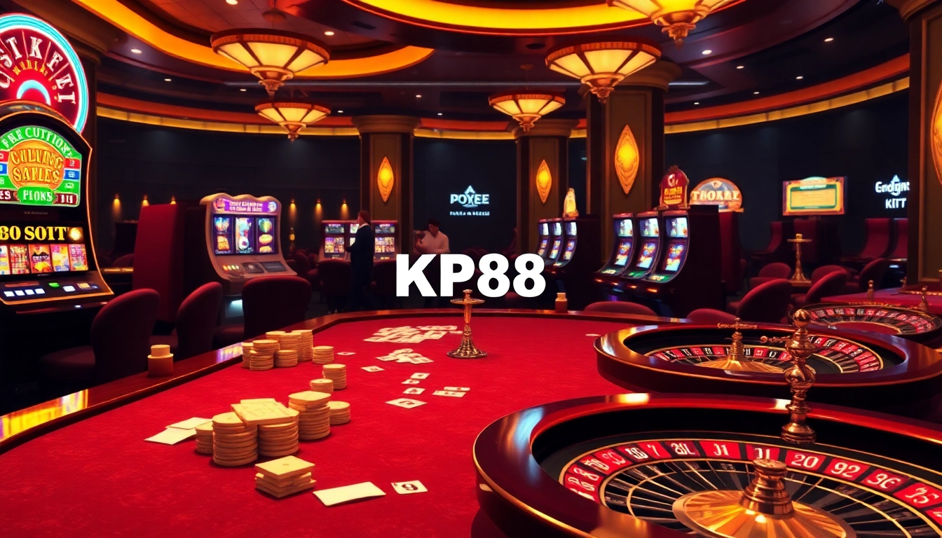 Playing high-stakes poker at KP88 casino with vibrant slot machines and engaging roulette wheels.