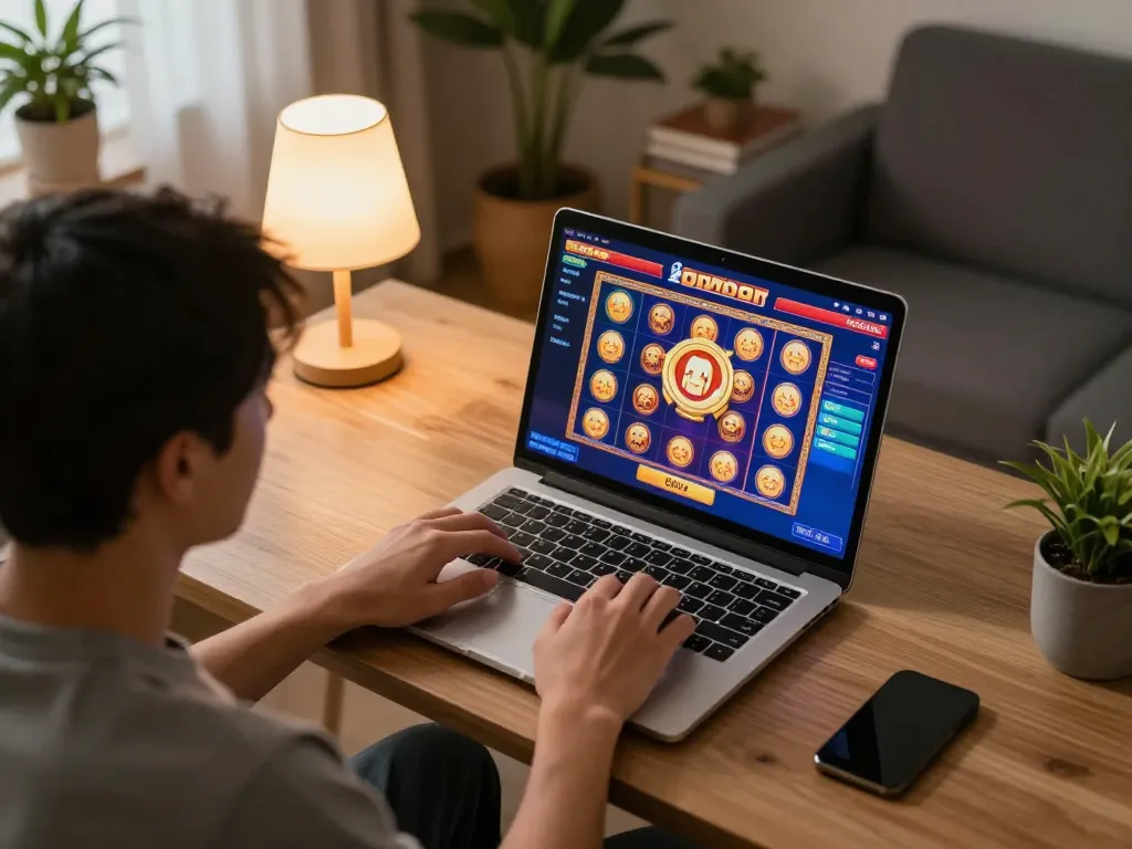 Engaging online experience playing slot gacor on a laptop at home, showcasing vibrant game interface.