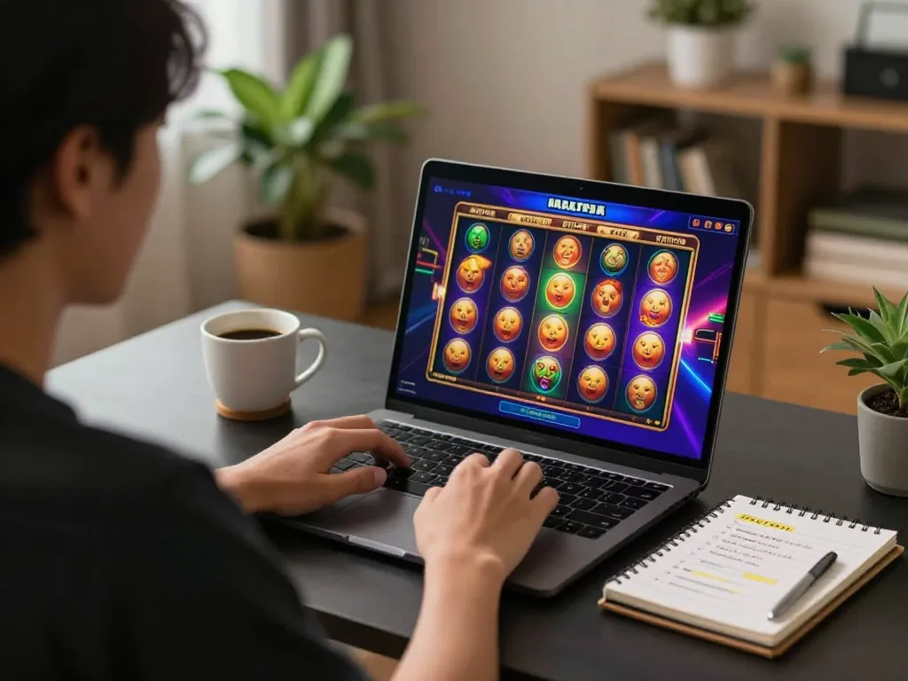 Bermain slot dalam talian malaysia di laptop, memaparkan grafik permainan yang ceria dan nota strategik dalam suasana rumah