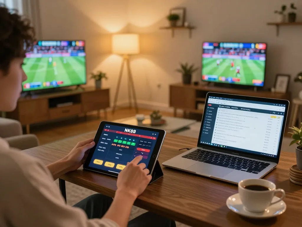 Engaging with NK88 app for online casino betting at home with tablet in stylish environment