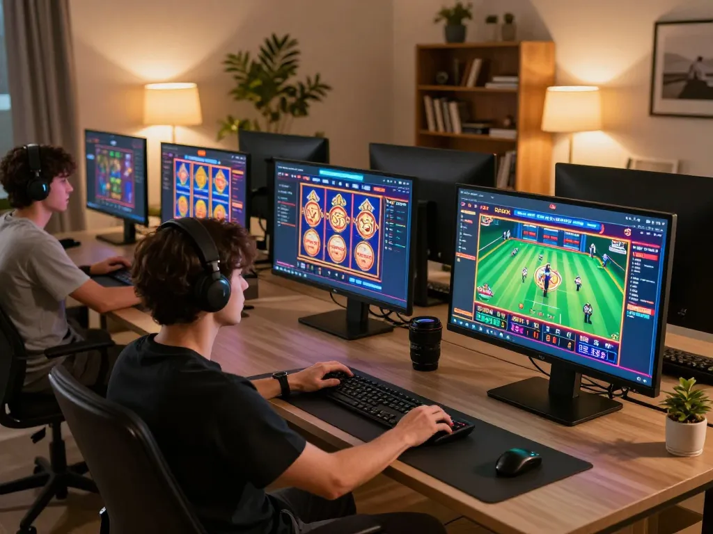 Player enjoying sc88 online casino gameplay on multiple screens, showcasing vibrant slot machines and live dealer