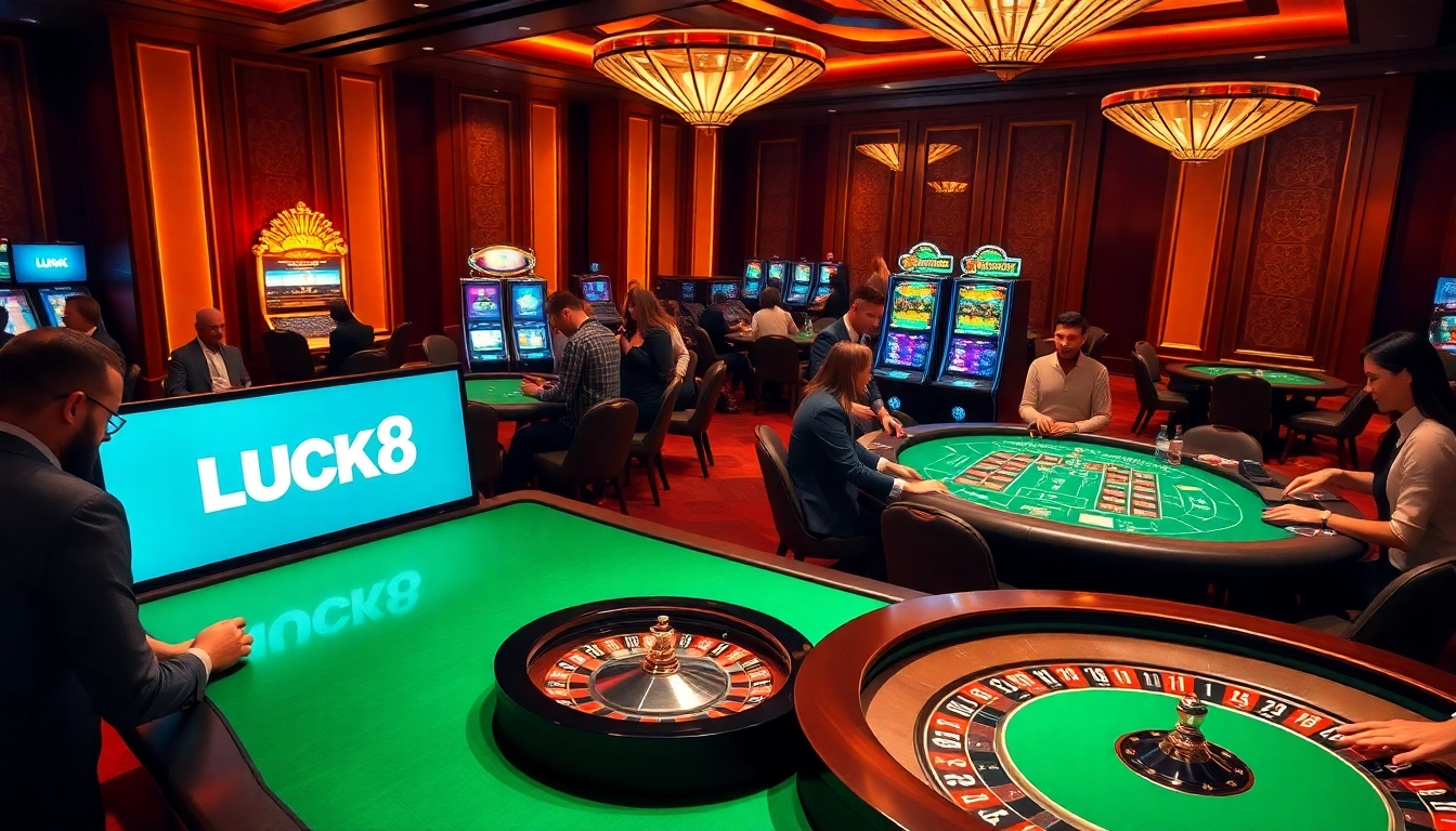 Luck8 players enjoying high-stakes action at a vibrant casino table featuring roulette and poker elements.
