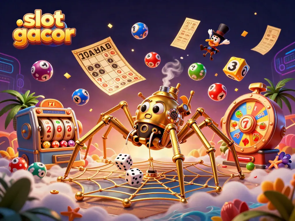 Engaging visual featuring slot gacor themed elements, including a golden steampunk spider and playful lottery balls.