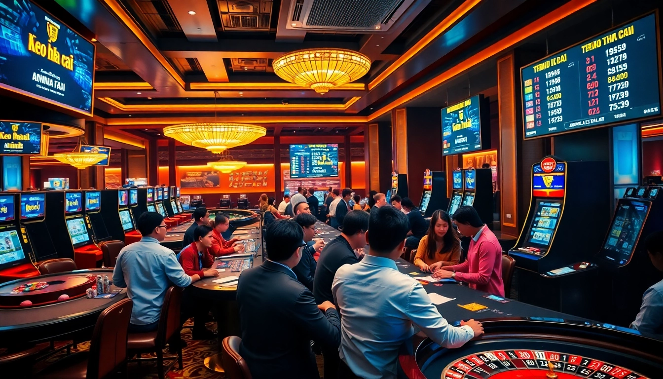 Engaging gamblers experience keo nha cai at a lively casino setting with betting tables and excitement.