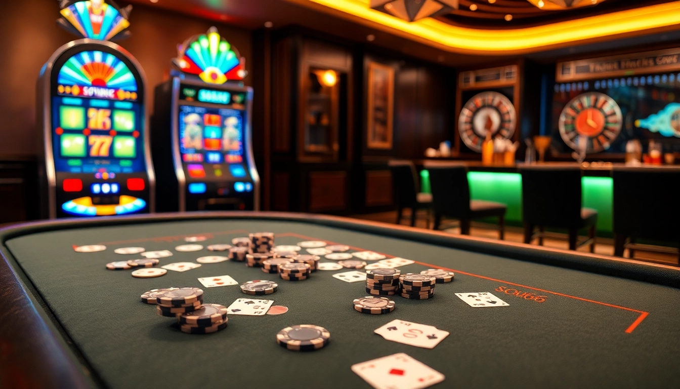 SODO66 poker table with chips and cards set in a luxurious casino environment for an engaging gambling experience.