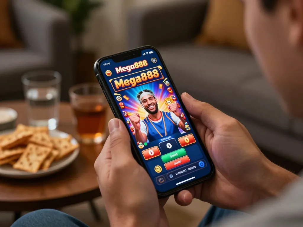 Player enjoying a Mega888 win on mobile, celebrating excitement and engagement in a cozy setting.