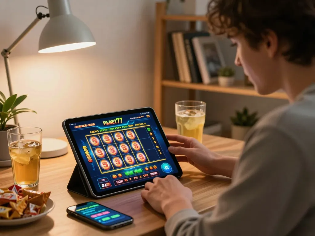 Aplikasi permainan Planet77 ditampilkan selama pengalaman kasino online yang mendebarkan di rumah
