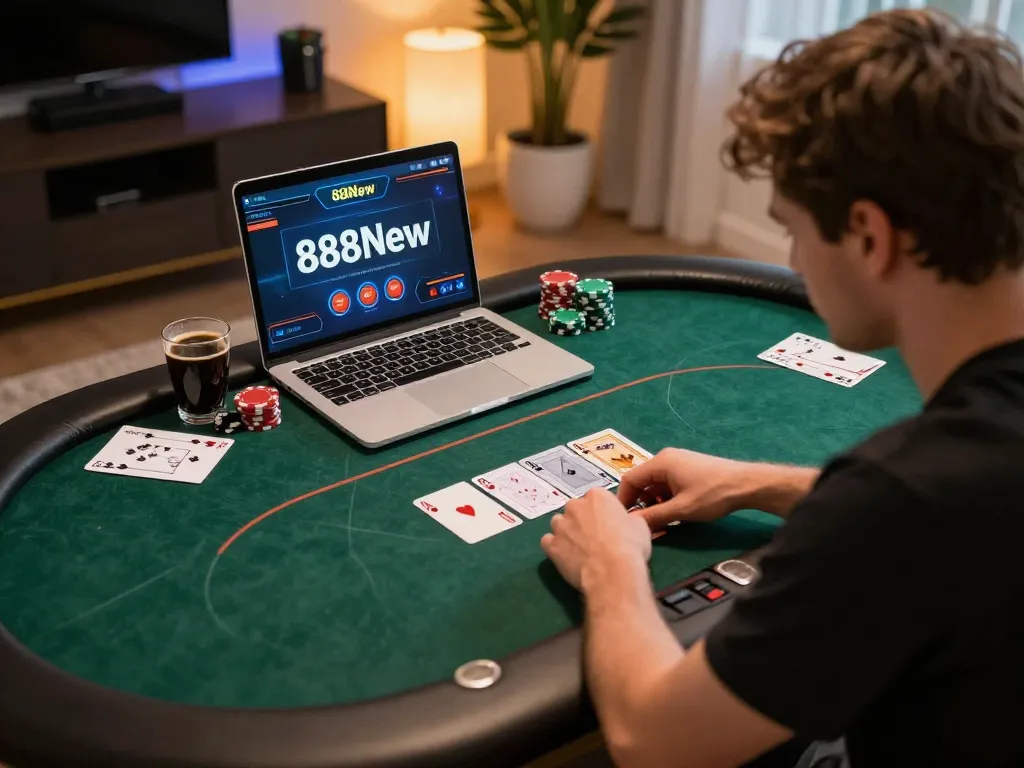 Engaging player enjoying online poker experience with 888New, showcasing strategic decision-making.