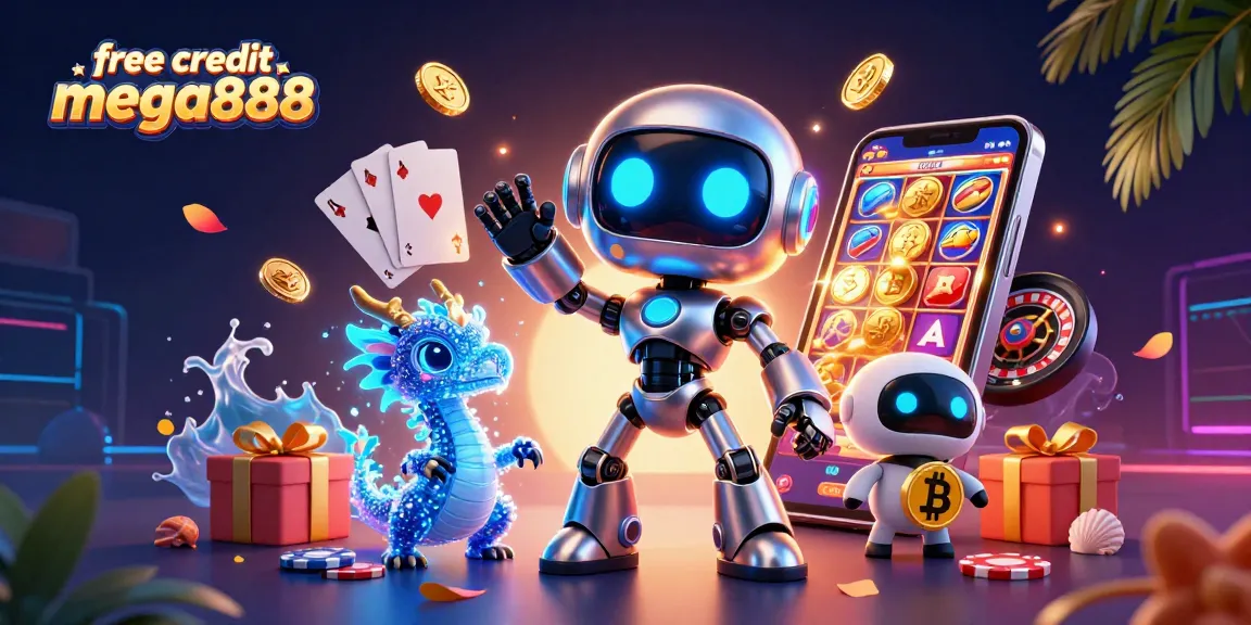 Play with free credit mega888 by the cyberpunk robot and friends amid vibrant casino elements.