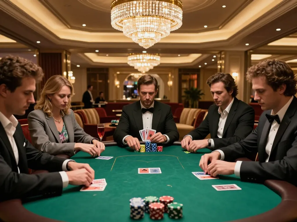 Tg88 high-stakes poker players strategizing at an upscale casino VIP table with vibrant chips.