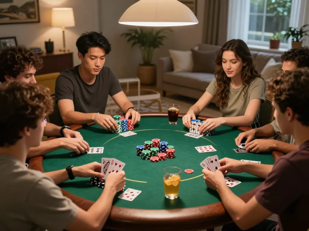 Friends enjoying a poker night, showcasing uu88 gaming strategies in a cozy home setting.