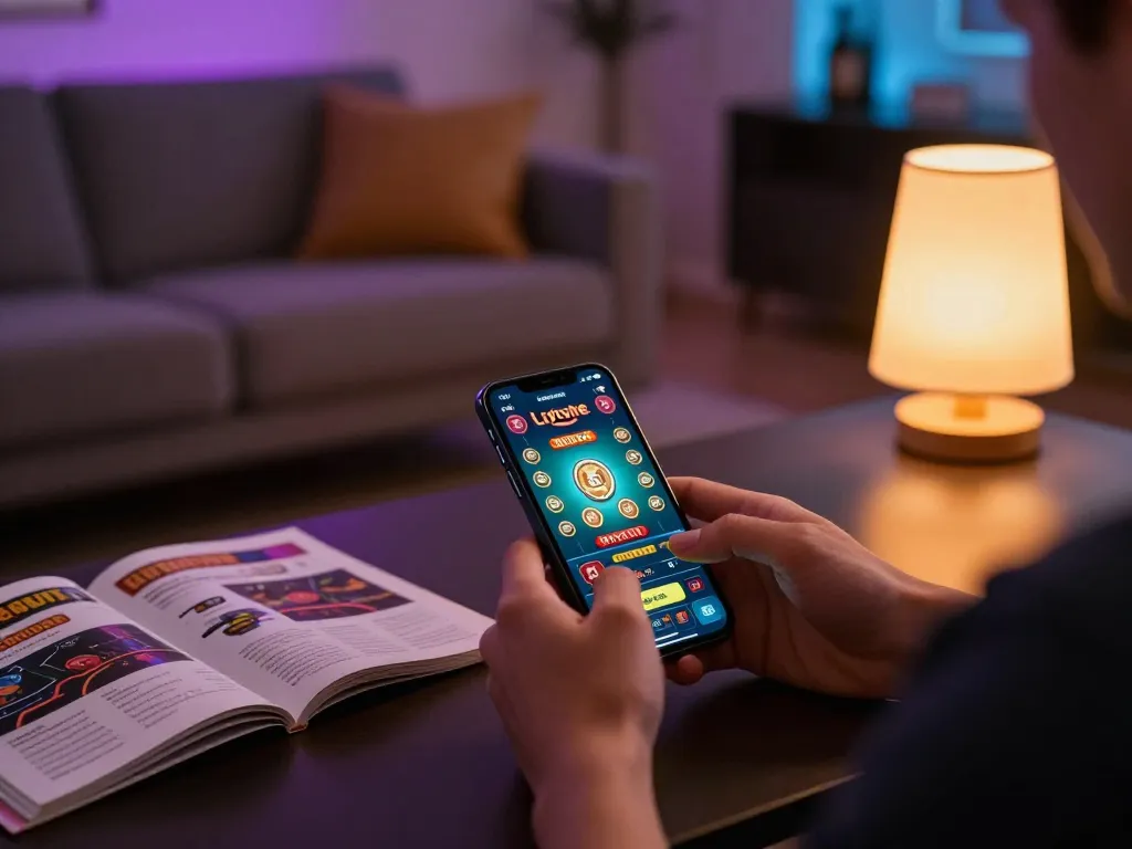 Play with Litecoin on a mobile app at home, showcasing a contemporary gaming setup.