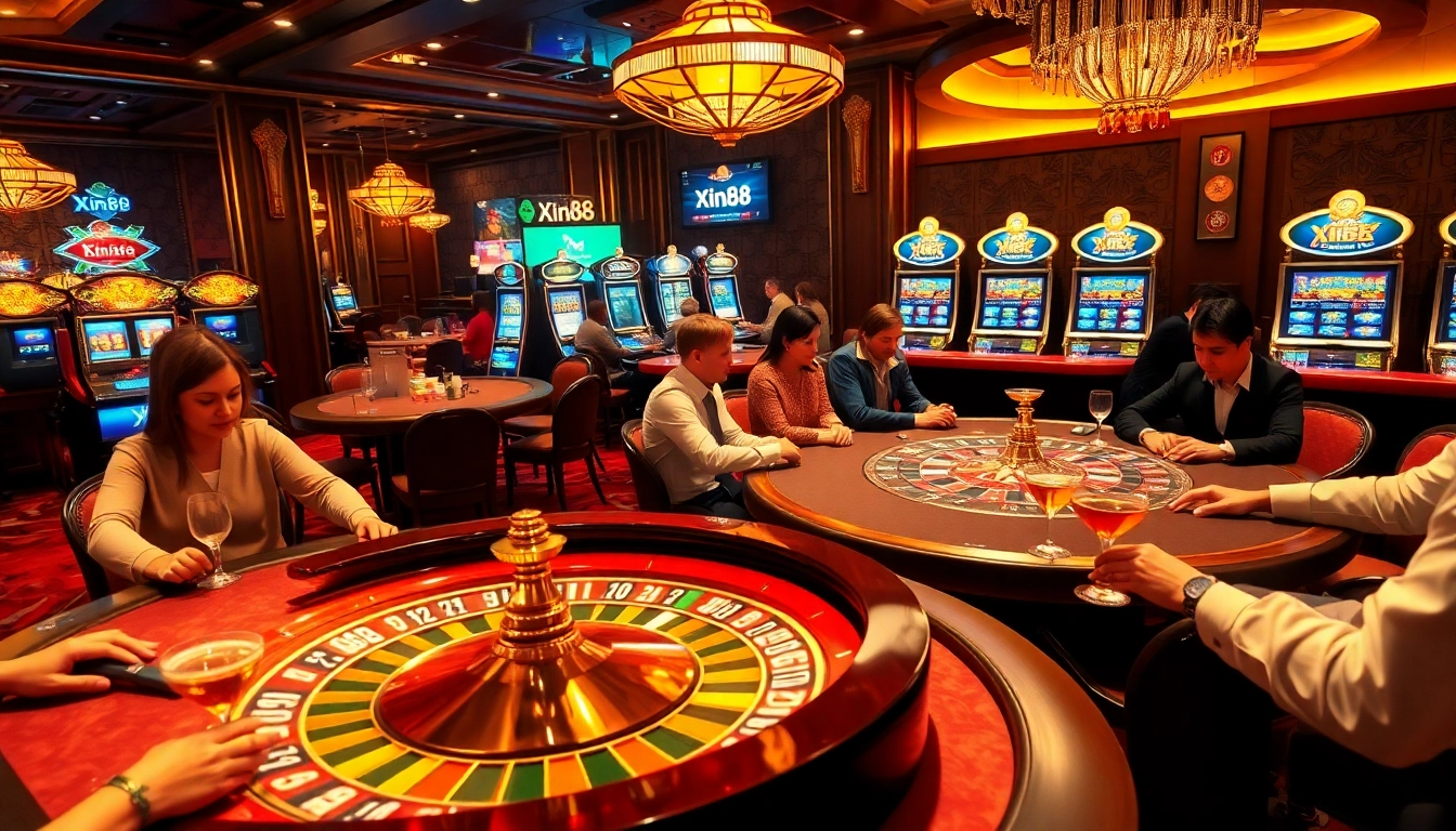 Xin88 casino scene with luxurious poker tables and thrilling roulette wheel action.