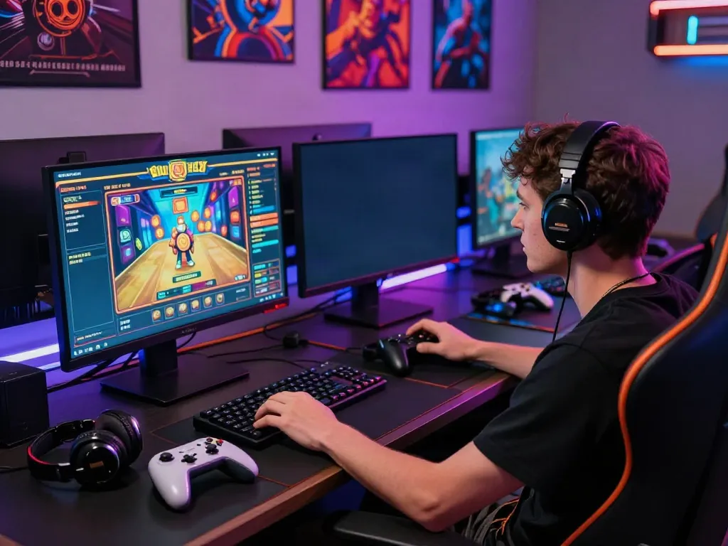 Akunjp online gaming scene with vibrant slot game interface and immersive setup.