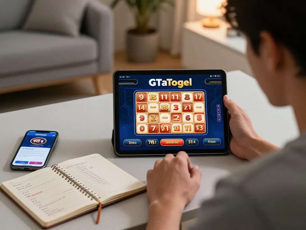 Engage with GTAtogel's thrilling online lottery experience on a tablet in a cozy home office.