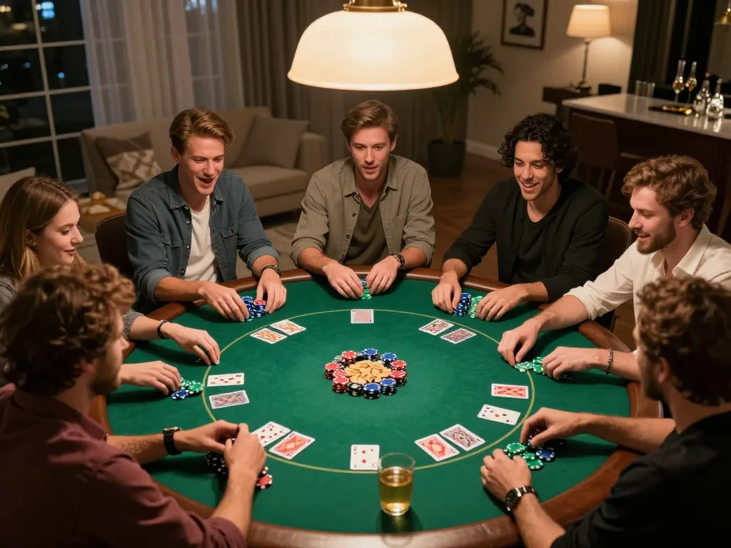 Friends enjoy an engaging poker night at home, exemplifying strategic gameplay in a comfortable setting.