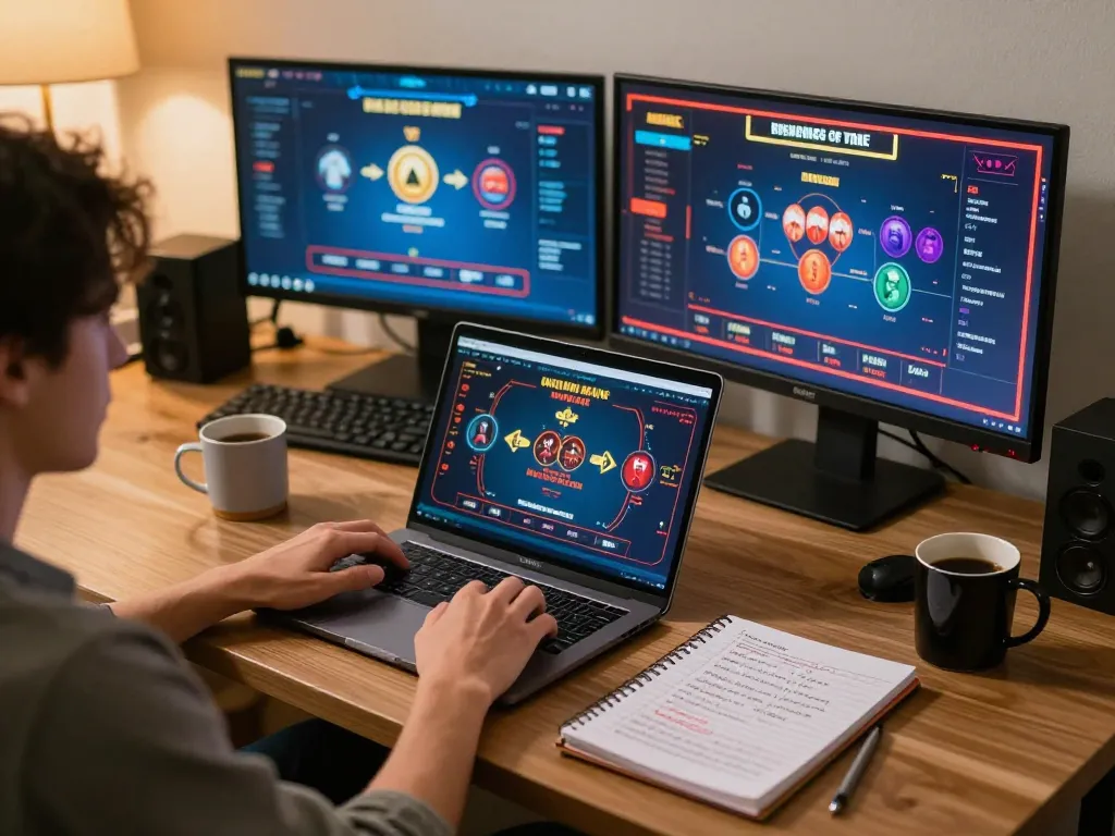 Player using Dash88 for online gaming, showcasing a cozy home setup with strategic notes and multiple game screens.