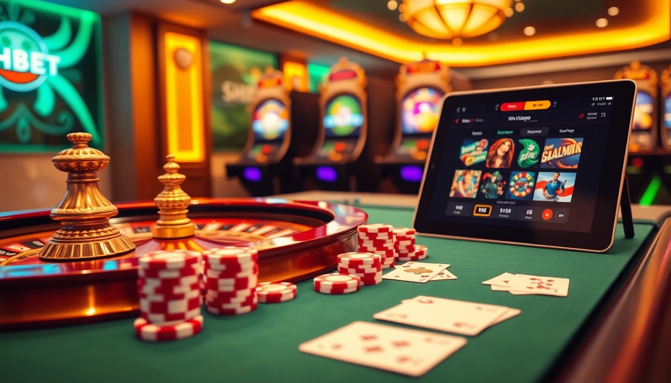 Experience thrilling moments at SHBET through vibrant casino visuals featuring poker chips and tables.