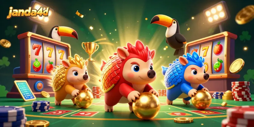JANDA4D menampilkan ilustrasi pertempuran seru antara dua pangolins di arena slot online.
