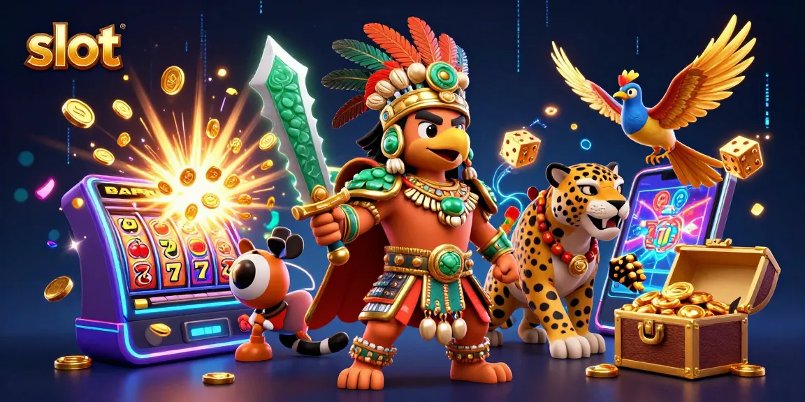 Engage with exciting slot gaming in a vibrant Aztec-themed illustration with jackpot elements.