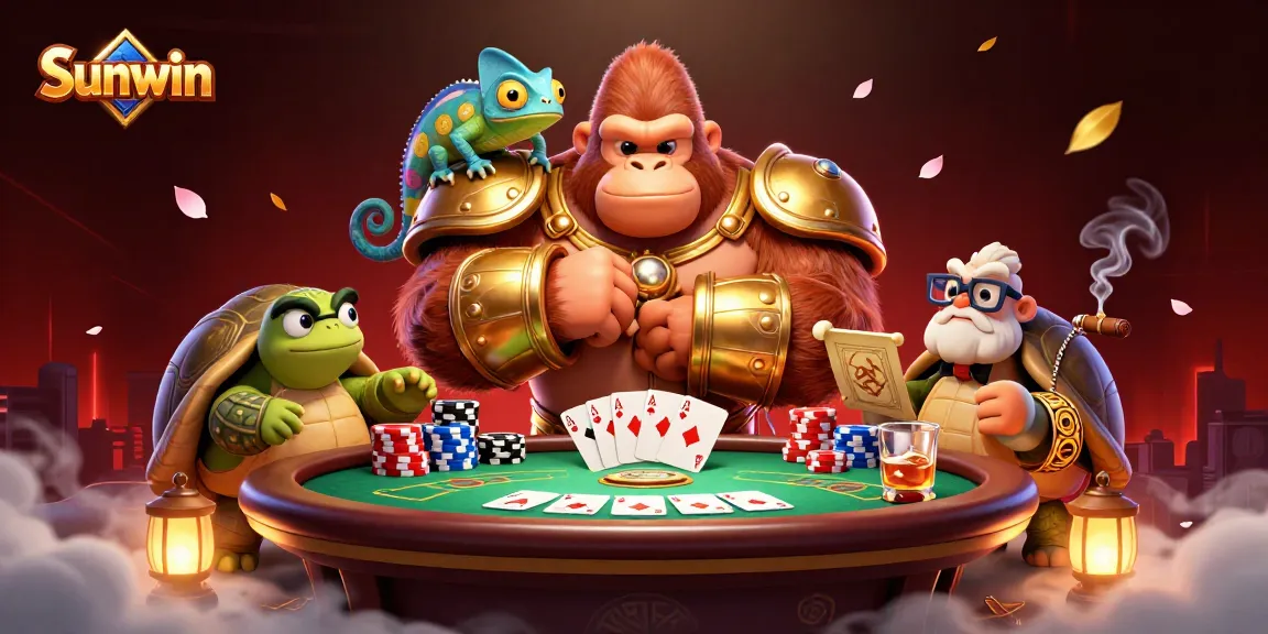 Sunwin enhances gameplay as a gorilla king and chameleon companion strategize at a lively poker table.