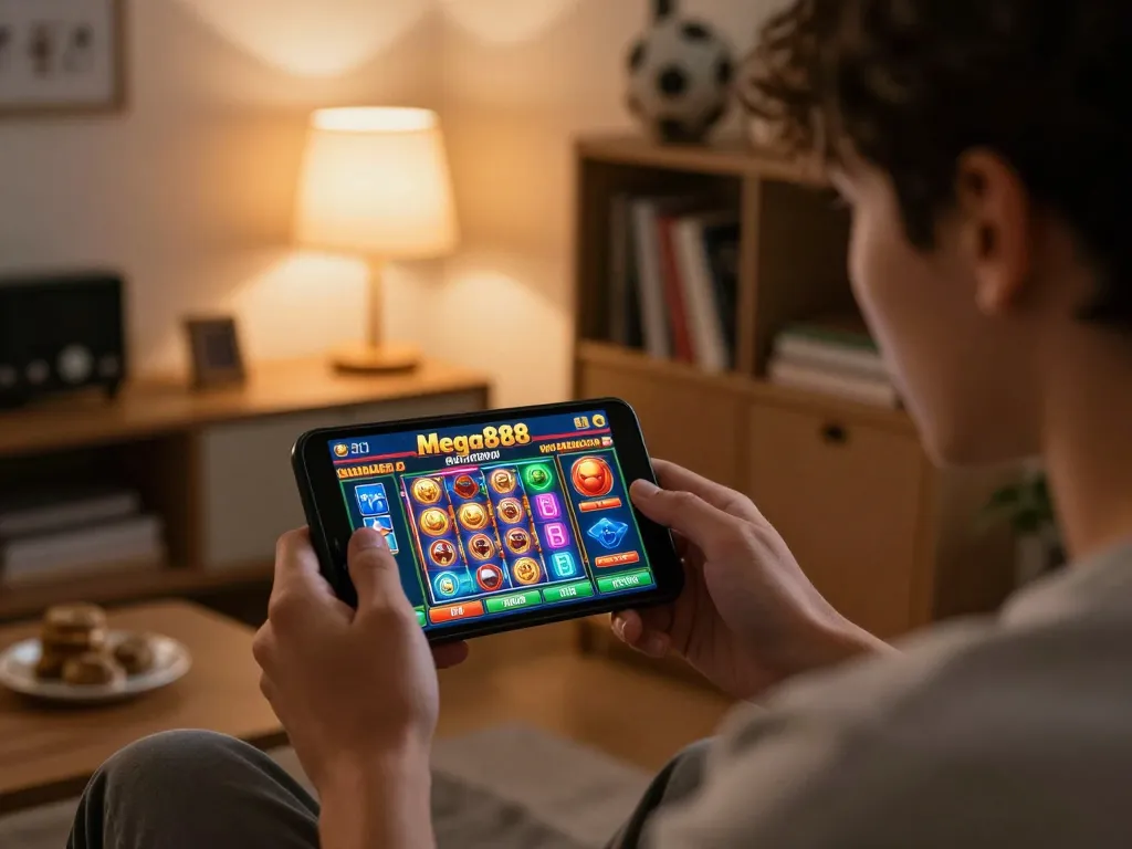 Mega888 original gameplay on mobile device in a cozy home setting, showcasing an engaging and strategic gambling experience.