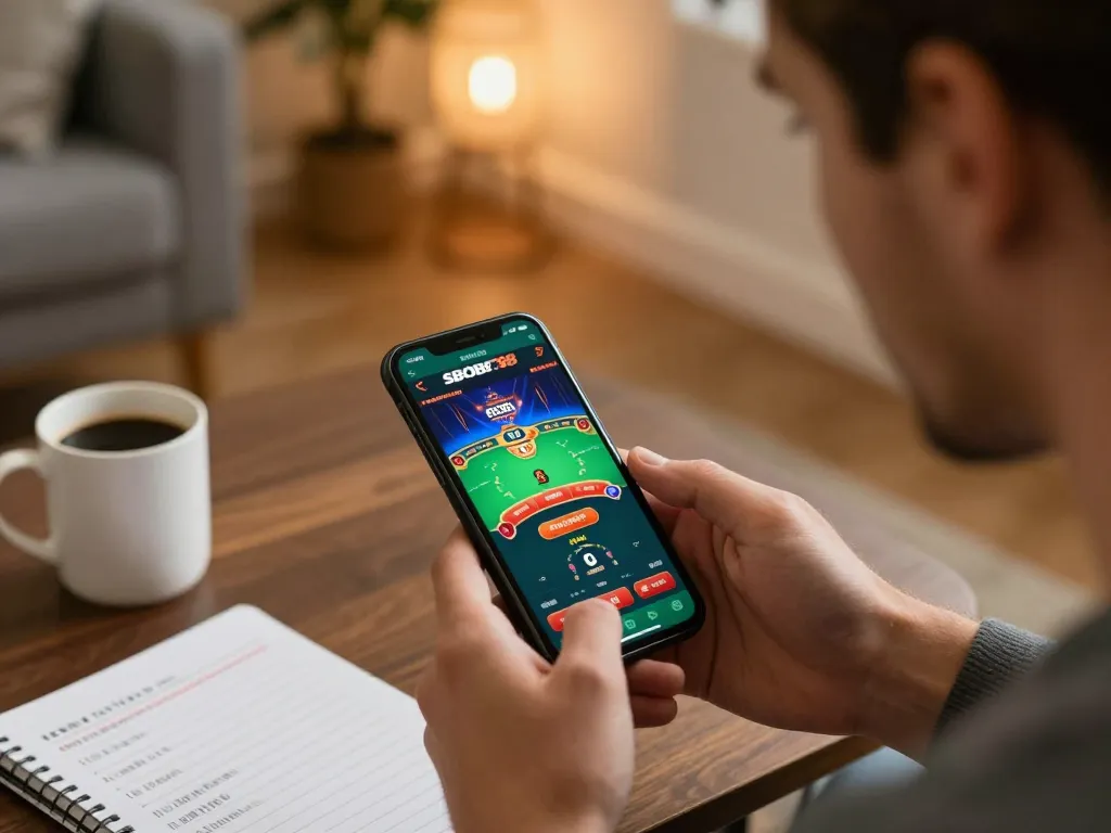 Pemain SBOBET88 terlibat dalam permainan dealer langsung di smartphone, menunjukkan suasana taruhan online yang menarik.