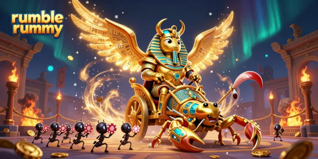 Experience thrilling gameplay in rumble rummy with our colorful casino-themed 3D illustration.