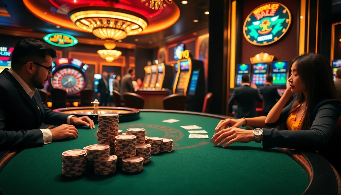 Betting excitement at a poker table with vibrant chips from https://rr88.gratis/ showcasing a thrilling casino atmosphere.