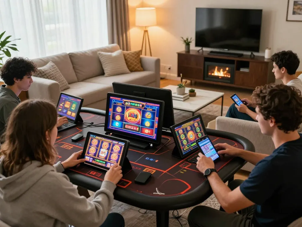 Experience intense online gaming at XX88 with players immersed in vibrant slot games on devices.