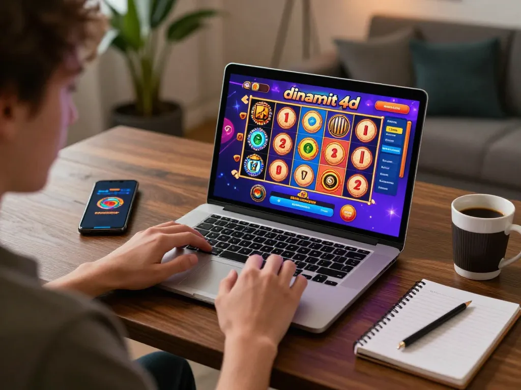 Engaging in online slot gaming with dinamit4d at a stylish home workspace