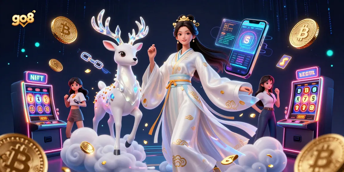The go8 platform features a vibrant 3D visual with a semi-realistic character, Bitcoin, and slot game elements.