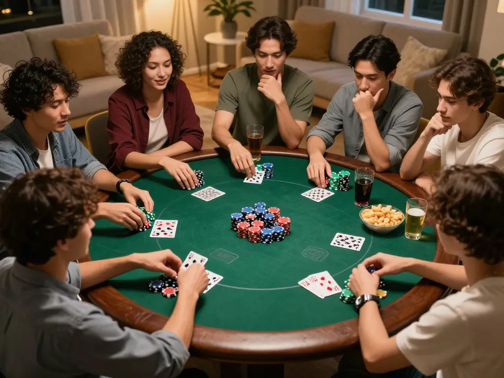 Friends enjoying an iwin poker night at home with colorful chips and cards.