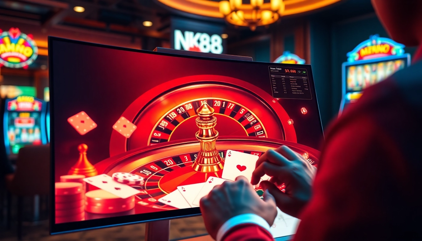 Placing strategic bets on the NK88 game roulette wheel with poker chips and cards
