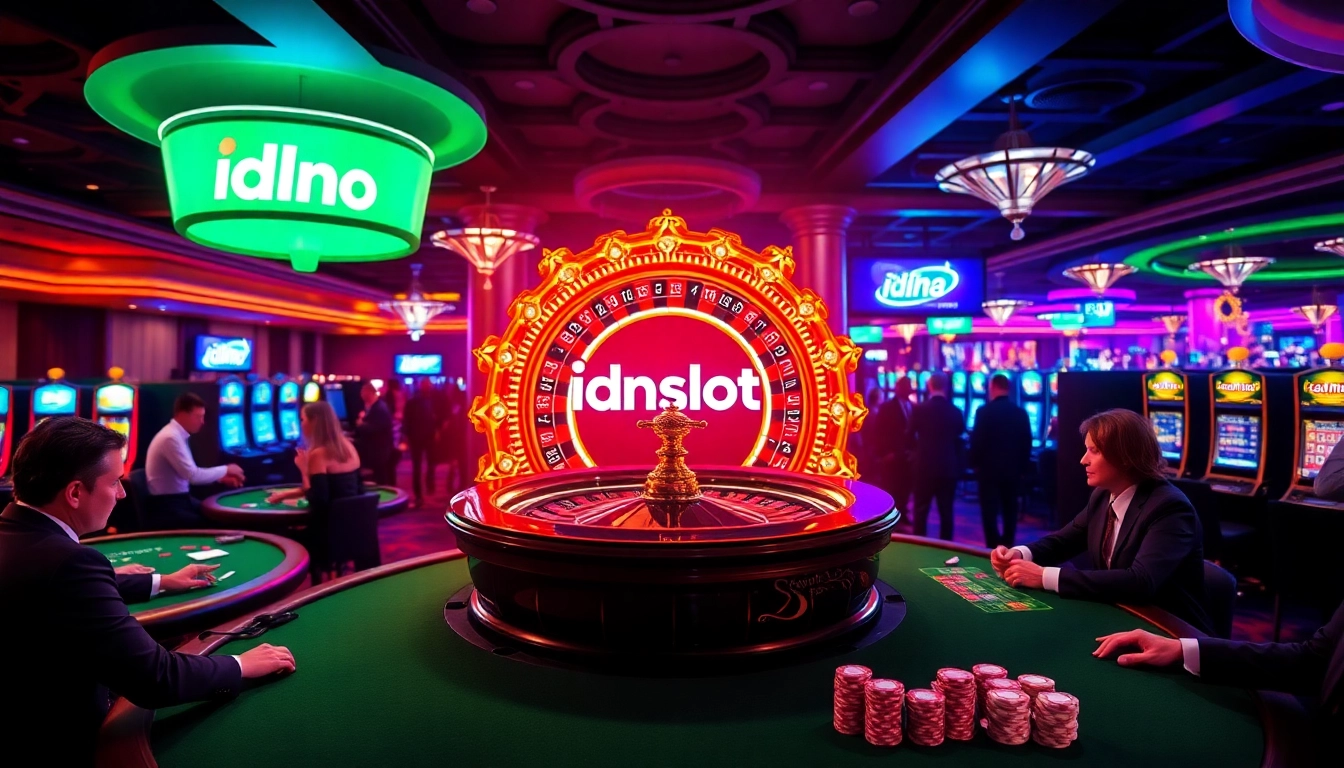 Players engaging in thrilling idnslot games at an opulent casino, showcasing luxury and excitement.