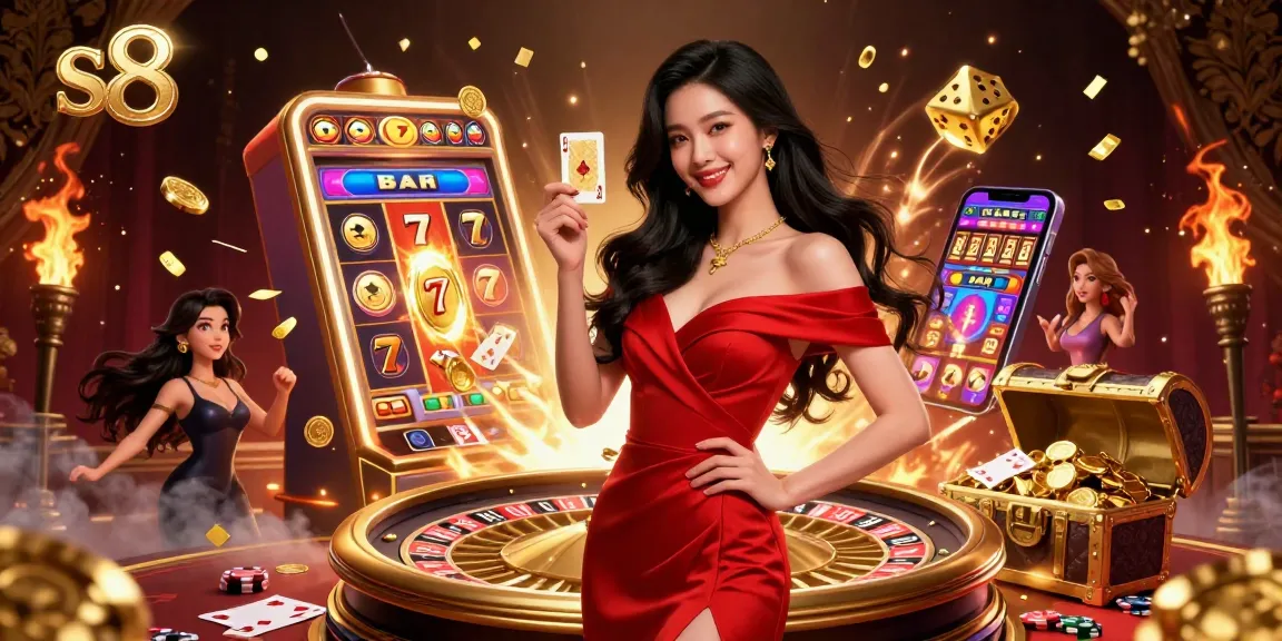S8 captures excitement with a stunning Asian model holding a golden card beside a roulette wheel.