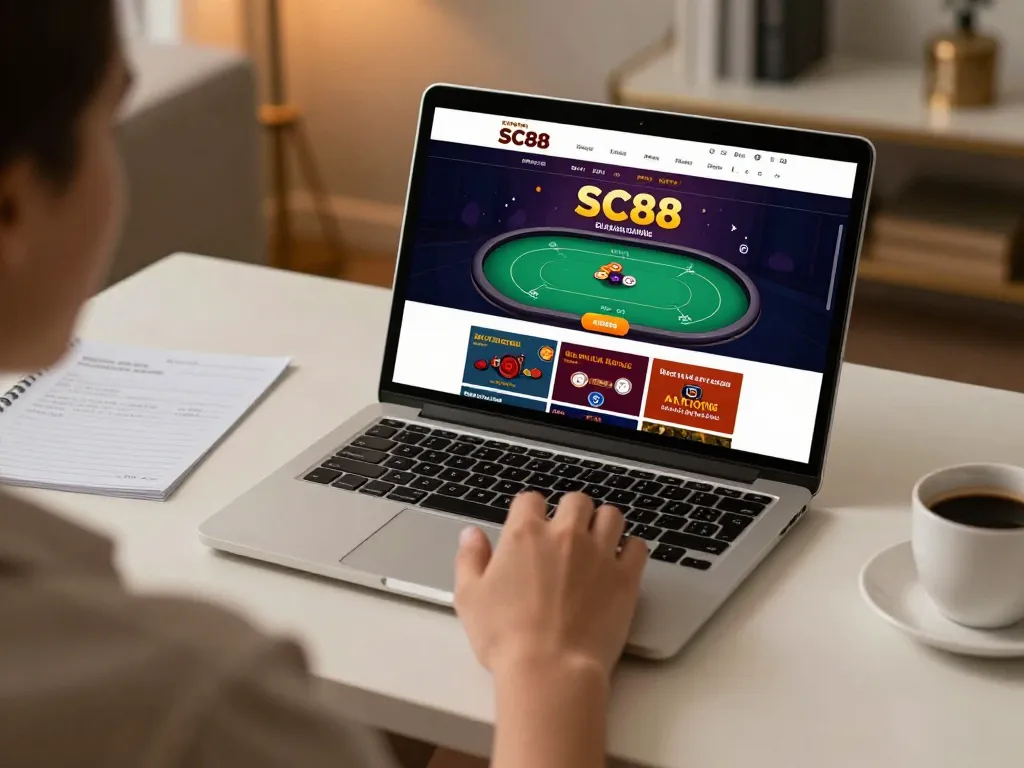 Engaging with SC88 poker game on laptop in cozy home office setting.