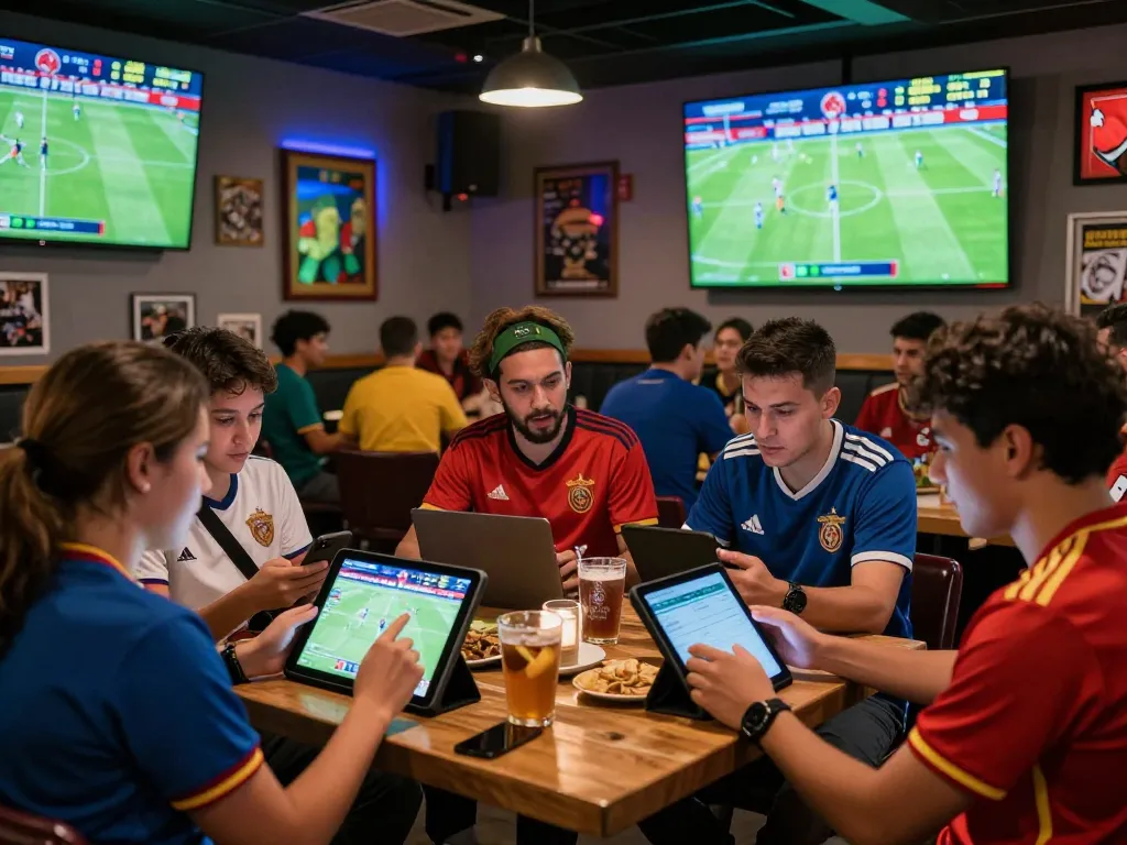Cá độ bóng đá enthusiasts celebrating at a lively sports bar, capturing the excitement of live football betting.