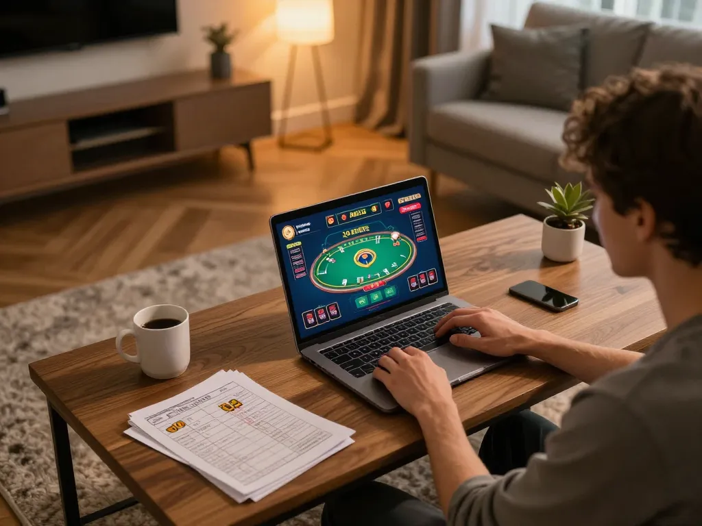 A player enjoying 789club online casino gaming on a laptop in a cozy home setup, emphasizing responsible betting.